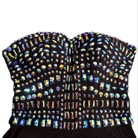 GUESS Black Jewel Embellished Strapless Festie Stretch Romper Shorts Size 2 - Picture 3 of 15